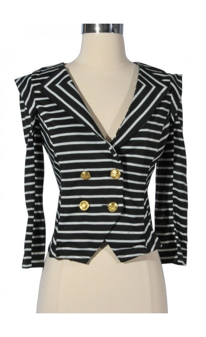 Black and White Stripe Crossover Blazer with Gold Buttons
